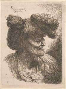 Gammel mand iført en turban prydet med pels, vendt mod højre af Giovanni Benedetto Castiglione