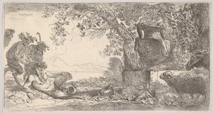 Pan liggende til venstre med to stående satyrer, en stor vase på en piedestal til højre, ca. 1645. af Giovanni Benedetto Castiglione