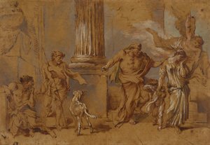 The Expulsion of Hagar, ca. 1640 (rød-brun, blå-grøn og hvid oliemaling og pensel på solbrunt papir) af Giovanni Benedetto Castiglione