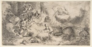 Jomfruen og barnet, Gud faderen øverst til højre, engle til venstre, ca. 1647-50. af Giovanni Benedetto Castiglione