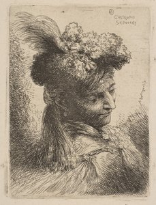 Ung mand vendt mod tre kvarter til højre iført pelshovedbeklædning med fane, juvel og..., ca. 1645-50. af Giovanni Benedetto Castiglione
