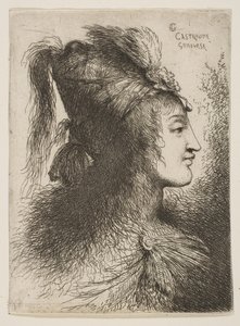 Ung mand iført en turban med fjære, vendt mod højre, fra serien af små hoveder ..., ca. 1645-1650.