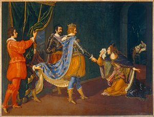 Isabella af Aragonien taler med Karl VIII på vegne af sin far, Alfonso, konge af Napoli, og sin mand, Giovanni Galeazzo Sforza, hertug af Milano ...