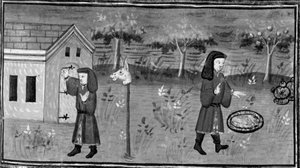 Decameron,Frédéric banker på Madame Tessas dør; manden finder mad og vin under et ferskentræ. Syvende dag, novelle 1 af Giovanni Boccaccio