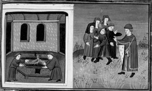 Decameron, Giovanni del Bragoniera og Biagio Pizzini stjæler relikviet fra broder Ciboule; munken mærker landsbyboernes tøj med kullene. Dag seks, nyhed 10 af Giovanni Boccaccio