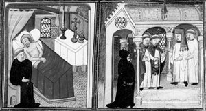 Decameron,Den døende Ciappellettos skriftemål; de troende inviteres til andagt. Første dag, novelle 1. af Giovanni Boccaccio