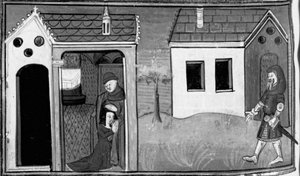 Decameron, Arimino hører sin kones tilståelse; manden står vagt ved døren til huset. Syvende dag, novelle 5 af Giovanni Boccaccio