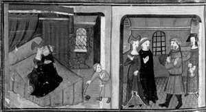 Decameron, Broder Rinaldo går i seng med sin gudsøns mor; broderen bliver belønnet af barnets far . Syvende dag, novelle 3 af Giovanni Boccaccio