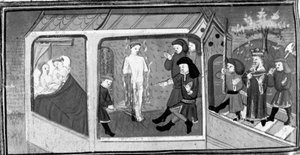 Decameron, Gianni di Procida og Restituta bliver opdaget af kong Frederik; Gianni di Procida bliver dømt til bålet. Dag 5, novelle 6 af Giovanni Boccaccio