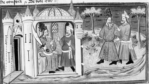 Decameron, Melchisedek fortæller Saladin lignelsen om de tre ringe; de to mænd bliver venner. Første dag, novelle 3. af Giovanni Boccaccio