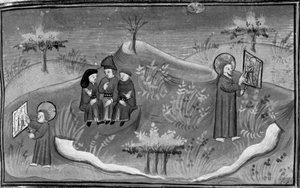 Decameron, Michele Scalza taler med sine venner; Gud som barn lærer at tegne; Gud som voksen viser en færdig plan . Sjette dag, novelle 6 af Giovanni Boccaccio