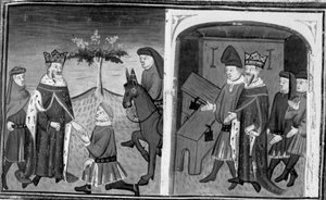 Decameron, Ruggieri forlader kong Alfonso; kongen inviterer Ruggieri til at vælge mellem to kister. Den tiende dag, novelle 1 af Giovanni Boccaccio