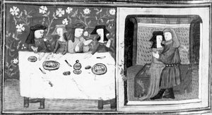 Decameron, Spinelloccio og Zeppa sidder til bords med deres koner; Zeppa kysser Spinelloccios kone. Dag otte, novelle 8 af Giovanni Boccaccio