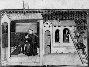 Decameron, En kvinde går i kirke for at skrifte; en ung mand besøger kvinden. Tredje dag, novelle 3 af Giovanni Boccaccio