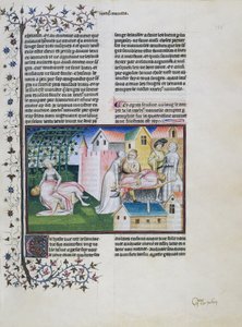 Gabriotto dør i Andreuolas arme, Andreuola bringer sit lig hjem og bliver arresteret, Andreuola erklæres uskyldig og bliver nonne, miniature af Decameron, fjerde dag, sjette fortælling, af Giovanni Boccaccio (1313-1375)