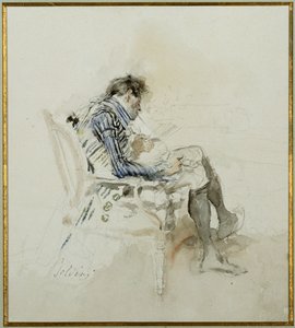 Herre, der sidder i en lænestol, læser en bog og ryger en pibe af Giovanni Boldini