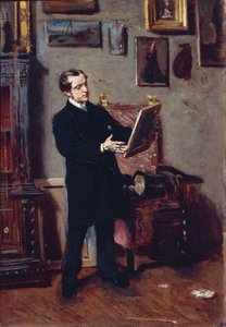 Italien, Firenze, ung mand, der ser på maleri af Giovanni Boldini