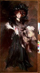 Portræt af Mademoiselle Lantelme Ung kvinde klæder sig i sort mode Belle Epoque. Maleri af Giovanni Boldini (1842-1931) 1907 søn. 227x118 cm Rom, Nationalgalleriet for moderne kunst af Giovanni Boldini