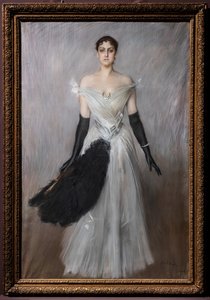 Portræt af en dame i hvidt med handsker og ventilator af Giovanni Boldini
