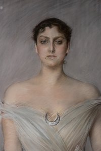 Portræt af en dame i hvid med handsker og ventilator, detalje af Giovanni Boldini