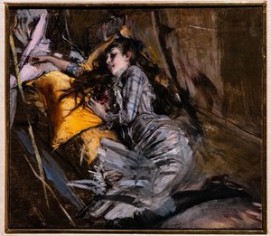 Liggende pige i tartan kjole af Giovanni Boldini