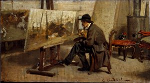 Maleren Giovanni Fattori i sit værksted Maleri tilskrevet Giovanni Boldini (1842-1931) 1863-1869 Søn. 13x24 cm Milan privat samling af Giovanni Boldini