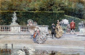 Udsigt over Versailles have med folk klædt i tøj fra det attende århundrede, af Giovanni Boldini (1842-1931), olie på panel