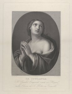 Kvindelig personificering af Hope ser op med hænder holdt sammen og venstre skulder..., ca. 1835-81. af Giovanni Buonafede