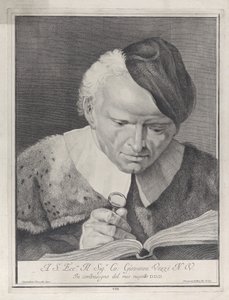 Mand i hat læser en bog med forstørrelsesglas, 1743. af Giovanni Cattini