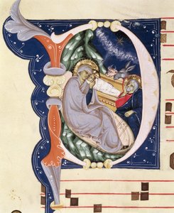 Ms 561 f.31v Historieret bogstav "D", der viser Fødselskirken, fra et gradual fra klosteret San Jacopo di Ripoli, begyndelsen af det 14. århundrede