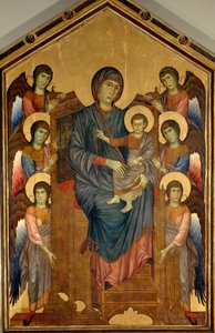 Jomfruen og barnet i majestætisk omgivet af seks engle. Maleri af Gualtieri Giovanni dit Cimabue (cirka 1240-1302)