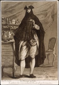 En mand iført maske drikker en kop kaffe Le Masque au Caffé, 1775.