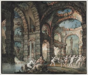 Satyrfamilie med dansende keruber, ca. 1775-76 (akvarel og penselarbejde med grafit og gouache) af Giovanni David