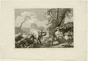 Hyrdefamilie med kvæg ved antik grav af Giovanni David