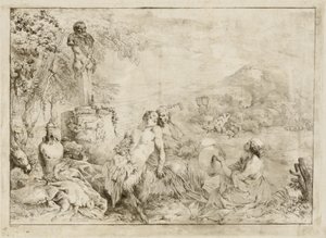 Landskab med en Satyrfamilie og klassisk skulptur af Giovanni David after Giovanni Benedetto Castiglione