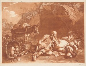 En gammel mand, der læner sig op ad en sæk af Giovanni De Pian after Francesco Londonio