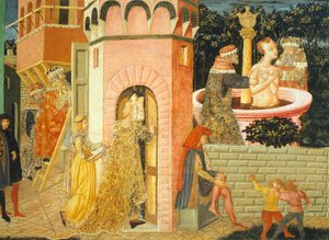 Historier om Susanne, omkring 1450, højre side af malet kiste af Giovanni di Ser Giovanni, kendt som Lo Scheggia (1406-1486), tempera på panel, detalje