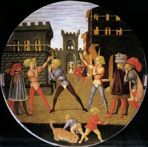 spil kaldet civettino, detalje fra forsiden af ​​fødselsbakken (rundt maleri), ca. 1450, af Giovanni di Ser Giovanni, kendt som Lo Scheggia (1406-1486), tempera på træ