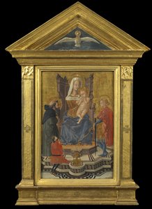 Jomfru og barn på tronen, med de hellige Anthony Abbed og Julian og en donor (fronton ovenfor - Helligånden), ca. 1430 (tempera på panel) af Giovanni Di Ser Giovanni Lo Sheggia (attr. to) Guidi
