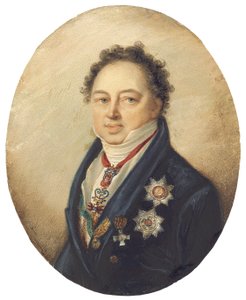 Grev Dmitry Pavlovich Tatishchev, vendt mod venstre i blå frakke, hvid vest og lager af Giovanni Domenico Bossi