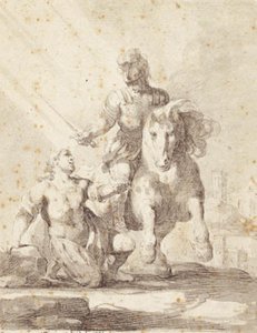 Soldat i antik klædning svingende et svær over en knælende soldat af Giovanni Domenico Ferretti