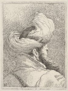 Skægget mand med turban, afbildet som buste bagfra i trekvart profil, fra "Samling af hoveder" (Raccolta di teste) af Giovanni Domenico Tiepolo