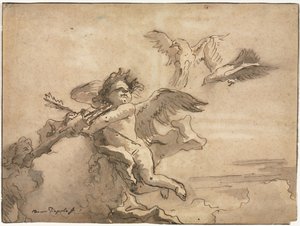 Amor med bind for øjnene og to duer, 1757 eller senere. af Giovanni Domenico Tiepolo