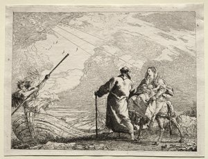 Flyvning til Egypten: Den hellige familie ankommer til flodens bred af Giovanni Domenico Tiepolo