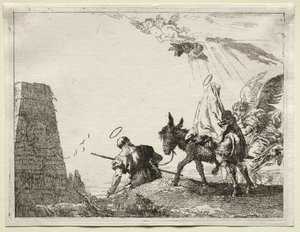 Flyvning til Egypten: Den hellige familie passerer nær en pyramide af Giovanni Domenico Tiepolo
