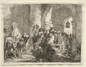 Flugt til Egypten: Den hellige familie går under en bue. af Giovanni Domenico Tiepolo