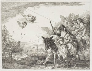 Josef tilbeder barnet, som holdes i Marias arme, planche ni fra Flugten til Egypten af Giovanni Domenico Tiepolo