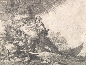 Joseph tilbeder Kristusbarnet nær et rygende alter, fra flugten til Egypten, 1752. af Giovanni Domenico Tiepolo