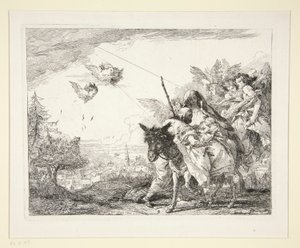 Joseph Contemplates the Infant Jesus, fra serien Picturesque Ideas over the Flight into Egypt (Flight into Egypt) af Giovanni Domenico Tiepolo