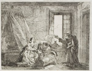 Joseph fortæller Mary om deres kommende afgang, plade fire fra The Flight into Egypt af Giovanni Domenico Tiepolo